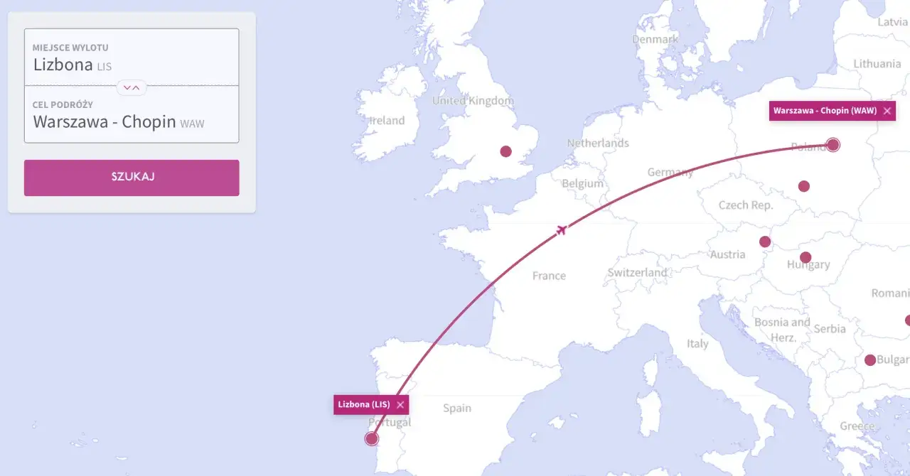 Mapa pokazuje trasę lotu z Lizbony do Warszawy. Sprawdź, ile się leci do Portugalii, planując podróż!