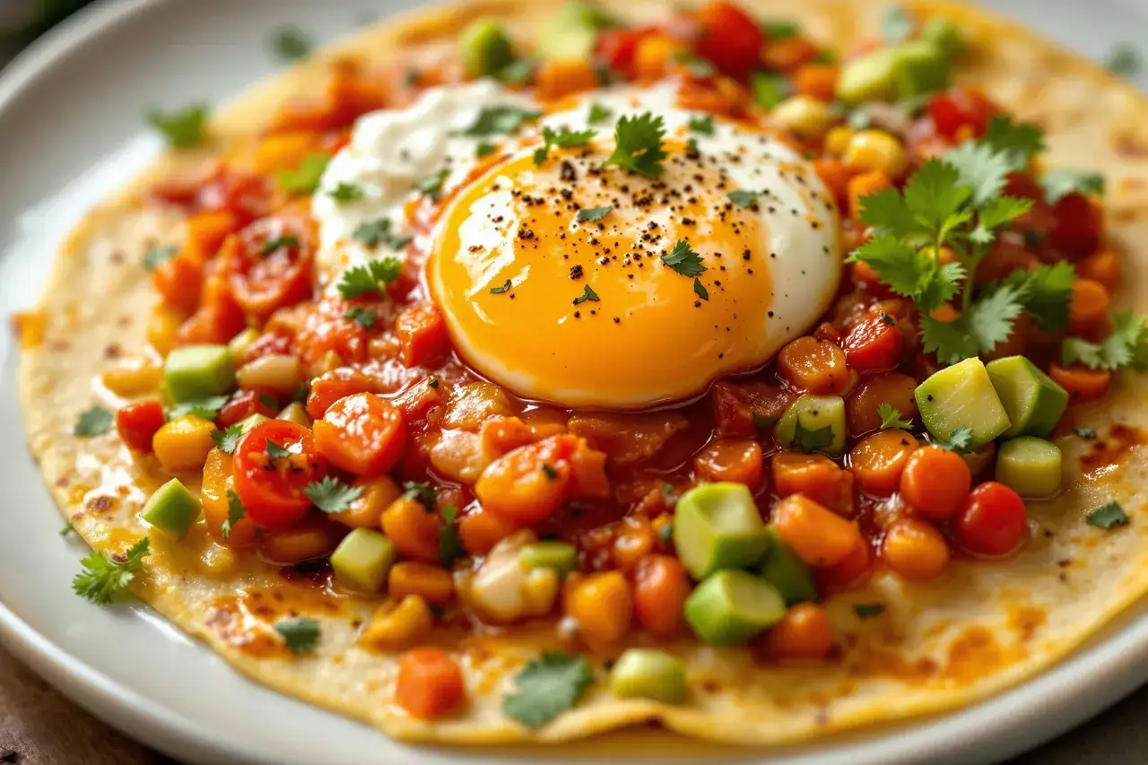 &OElig;uf au plat sur tortilla, garni de tomates, ma&iuml;s, avocat et coriandre. Une d&eacute;licieuse recette de huevos rancheros.