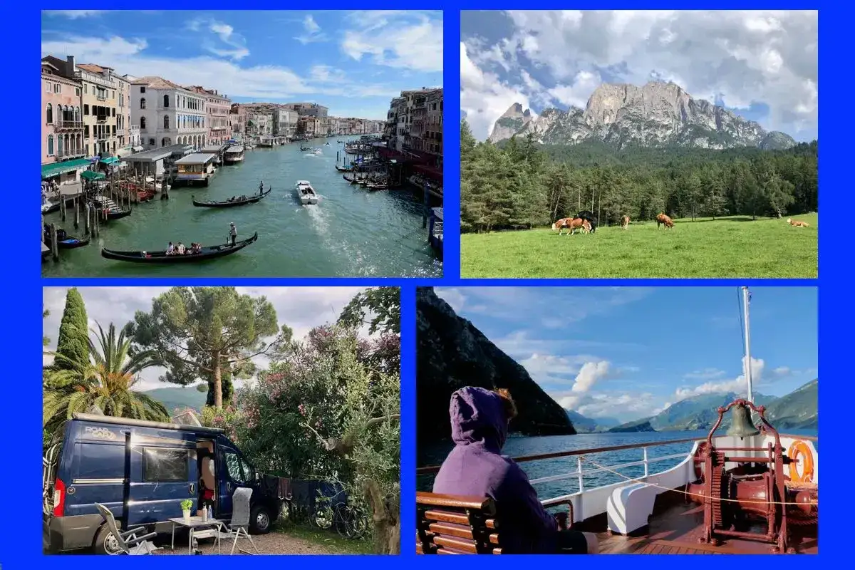 Vier Bilder zeigen die Vielfalt der natur italien: Venedigs Kan&auml;le, Bergwiesen mit K&uuml;hen, ein Campingbus am Gardasee und eine Bootsfahrt auf einem See.