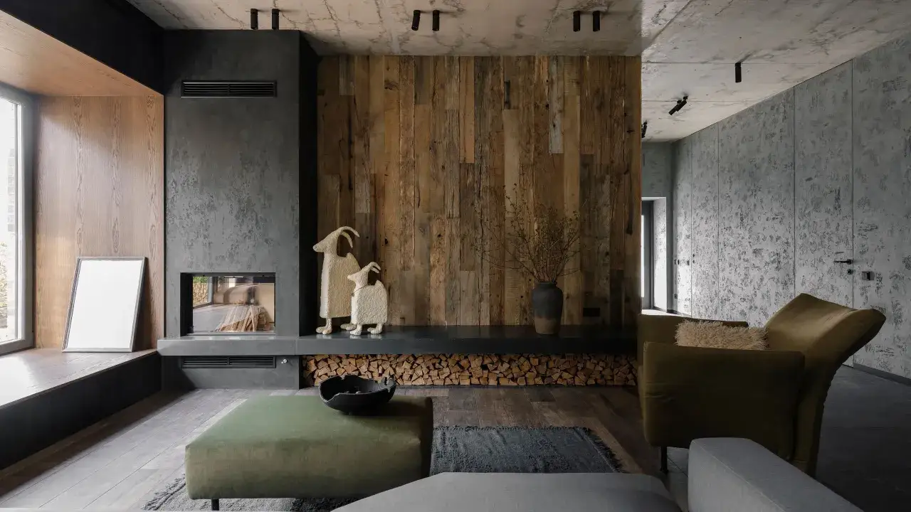 Interno di case moderne con camino in pietra, parete in legno grezzo, poltrona verde e arredi minimalisti.