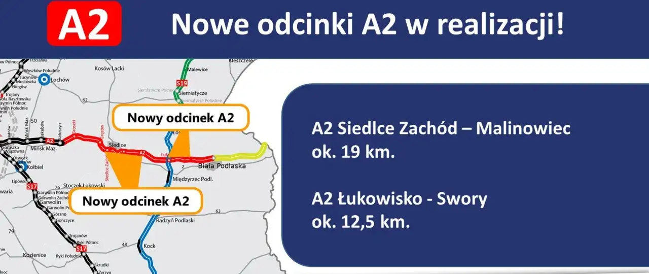 Mapa pokazuje nowe odcinki A2 Siedlce Zachód – Malinowiec i A2 Łukowisko – Swory, kluczowe dla połączeń z Białą Podlaską.