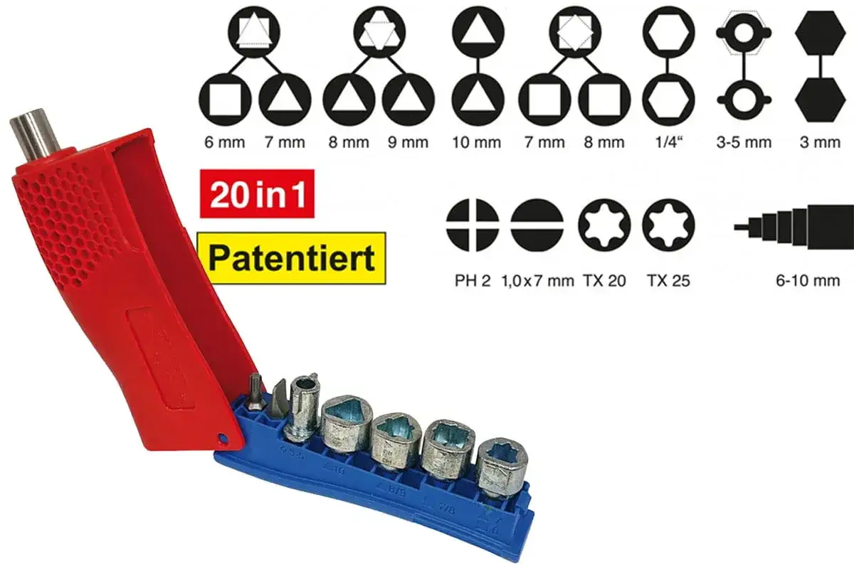 Zestaw 20 w 1, idealny jako klucz do skrzynki elektrycznej. Zawiera bity i nasadki do różnych śrub i nakrętek.
