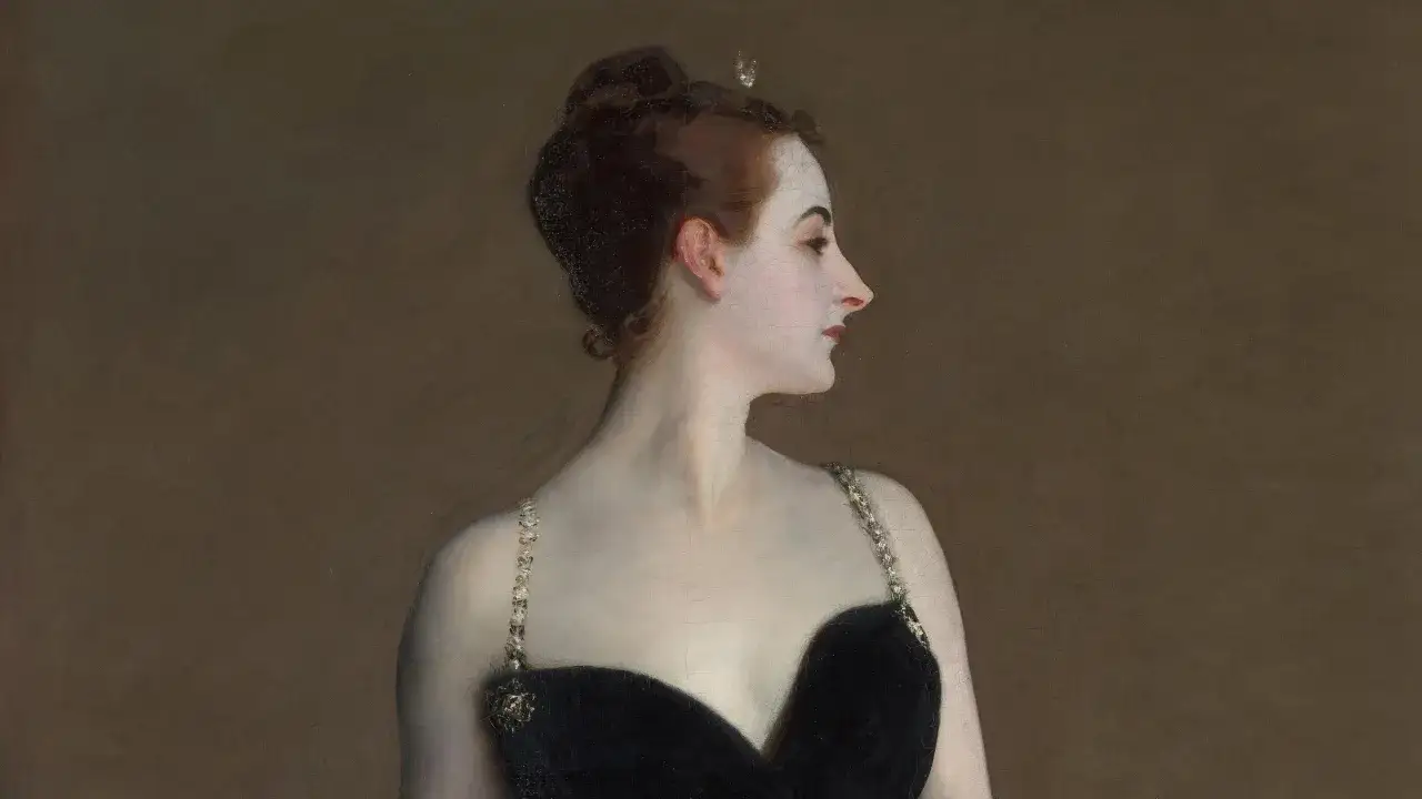 Sargent's portrait of Madame X, a striking woman in a black gown with jeweled straps, her profile turned away, captivating and mysterious.