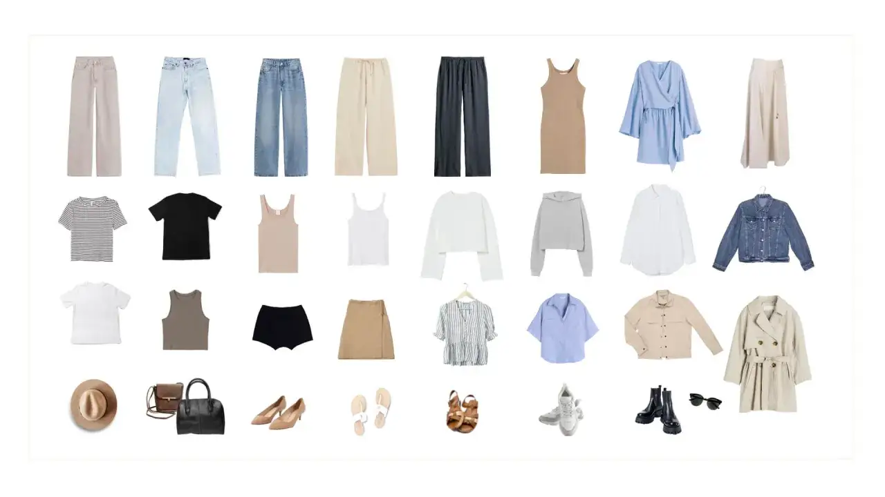 Ein **capsule kleiderschrank** mit Hosen, Röcken, Oberteilen, Kleidern, Jacken, Schuhen und Accessoires in neutralen Farben.