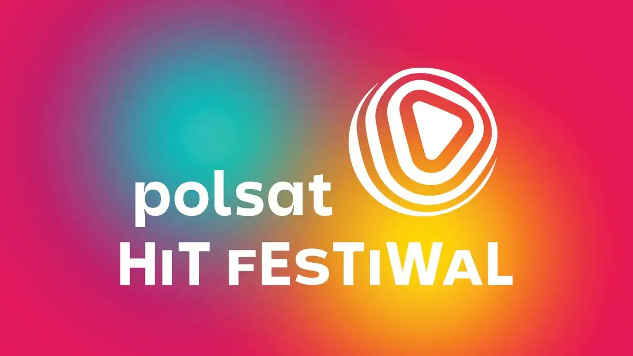 Logo Polsat SuperHit Festiwal z białym napisem i symbolem odtwarzania na tle gradientu.