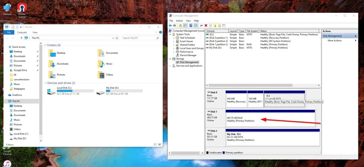 Datentr&auml;gerverwaltung zeigt eine **raw partition** (Disk 1) mit 465,75 GB, die als 