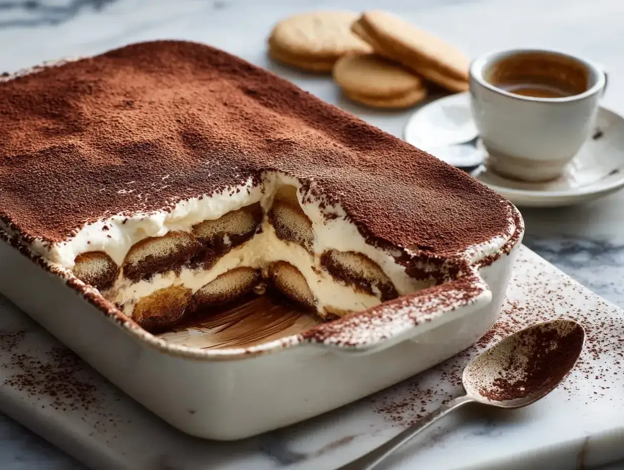 Pyszne tiramisu przepis w naczyniu, posypane kakao. Obok filiżanka kawy i biszkopty.