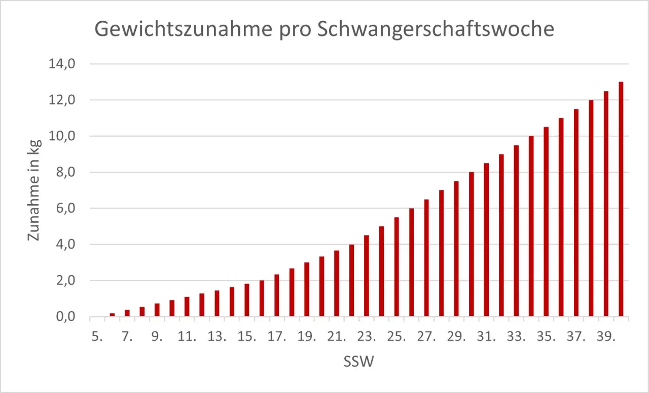 Balkendiagramm zeigt die Zunahme der Gewichtszunahme pro Schwangerschaftswoche. Von SSW 5 bis 39 steigt das Gewicht stetig an.