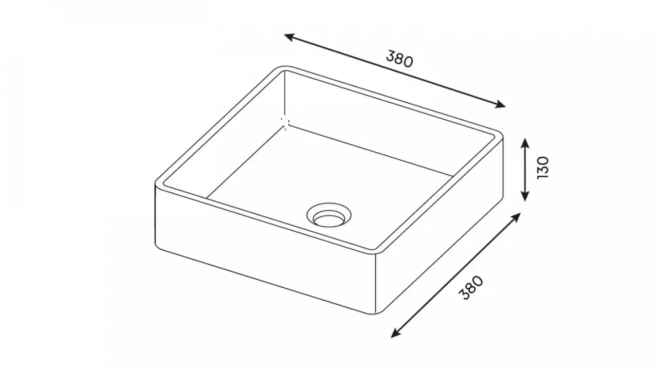 Schéma d'un lavabo de salle de bain. Dimensions : 380x380x130 mm. Idéal pour optimiser la hauteur plan travail salle de bain.