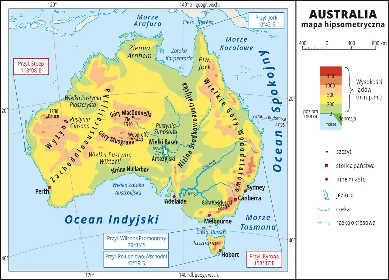 Mapa Australii z zaznaczonymi atrakcjami turystycznymi