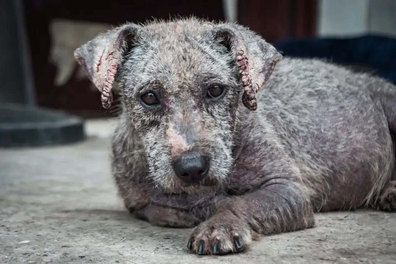 Un perro con sarna, su piel irritada y sin pelo. Sus ojos reflejan tristeza, esperando ayuda.