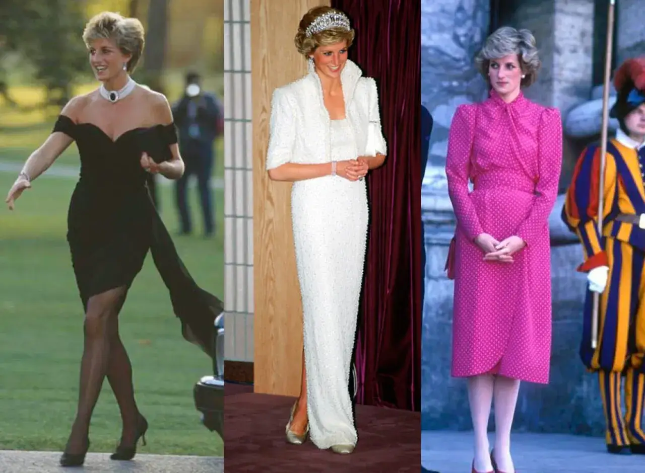 Lady D en tres looks icónicos: vestido negro, blanco y rosa.