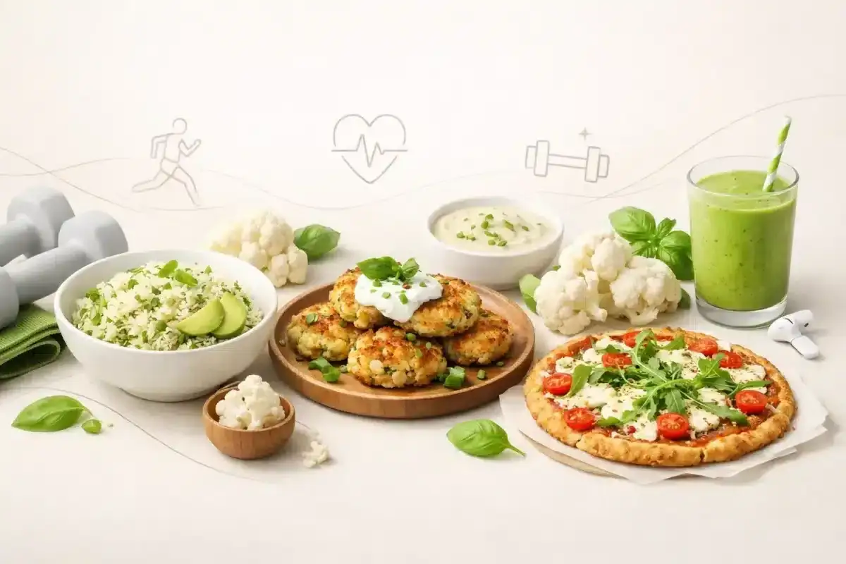 Zdrowe dania z kalafiora: placuszki, pizza, ryż i smoothie. Obok hantle i biegnąca postać symbolizują aktywność fizyczną.