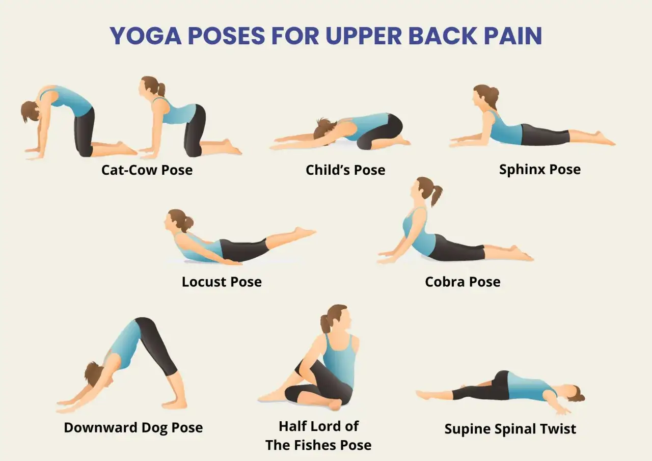 Sequenza di pose yoga per alleviare il dolore muscolare schiena alta: Gatto-Mucca, Bambino, Sfinge, Locusta, Cobra, Cane a testa in giù, Mezzo Signore dei Pesci, Torsione spinale supina.
