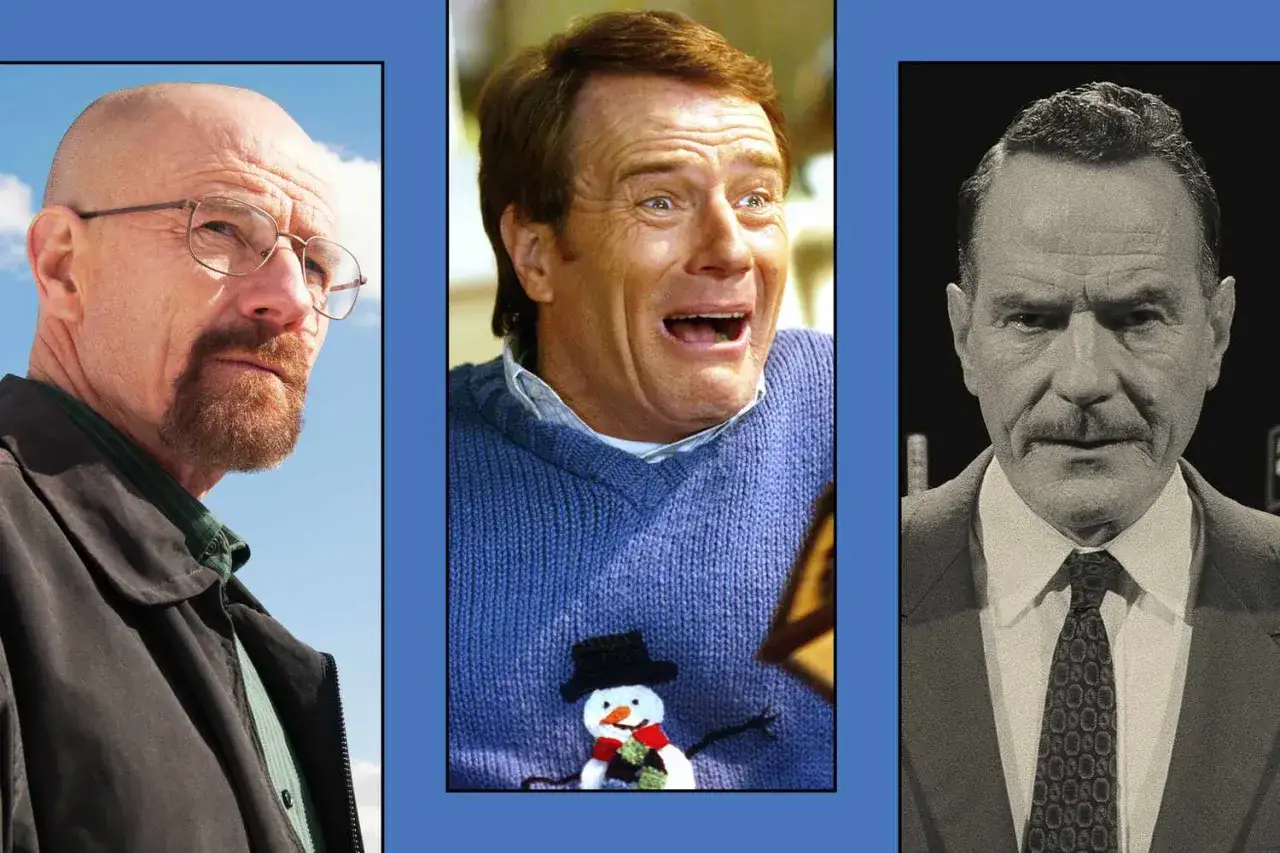 Bryan Cranston i tre roller: som Walter White, i en rolig tröja och i kostym. Hans filmer och tv-program är minnesvärda.
