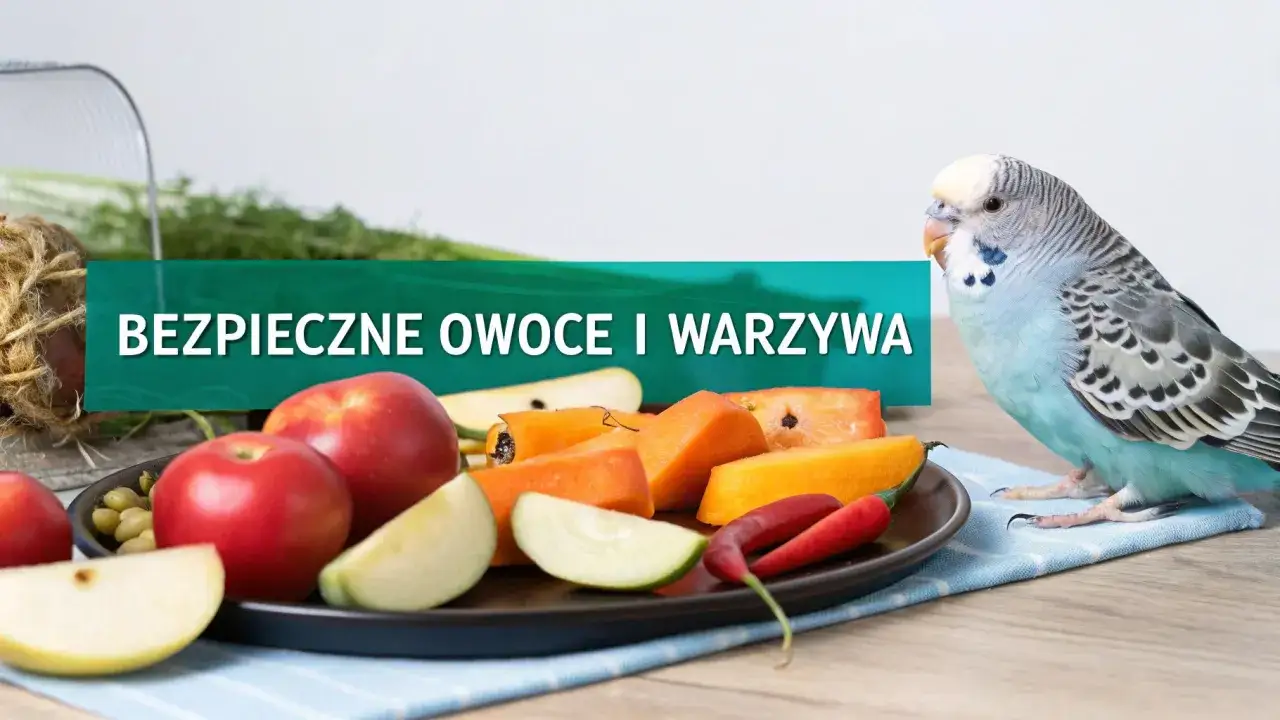 Papuga falista przygląda się talerzowi z jabłkami, marchewką i papryczką. To zdrowe przekąski, które co jedzą papugi faliste.