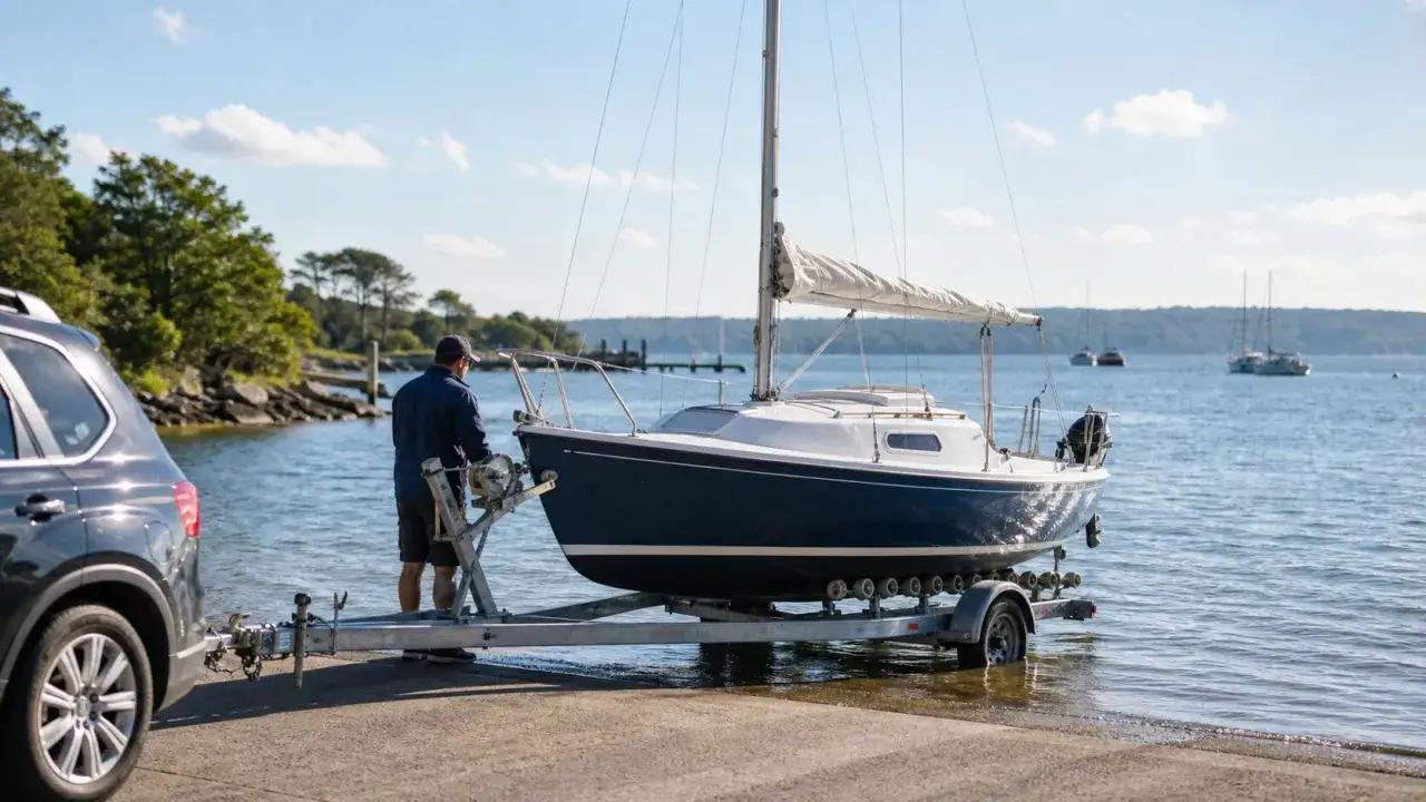 Un homme prépare un voilier polonais transportable sur une remorque, prêt à être mis à l'eau.