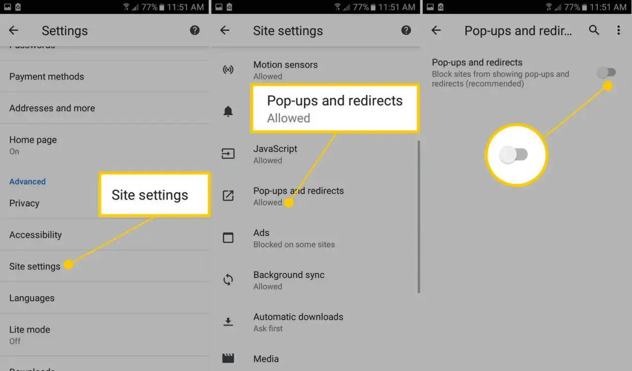 Blokowanie reklam w Chrome na Androidzie: Ustawienia witryn > Wyskakujące okienka i przekierowania > wyłącz.