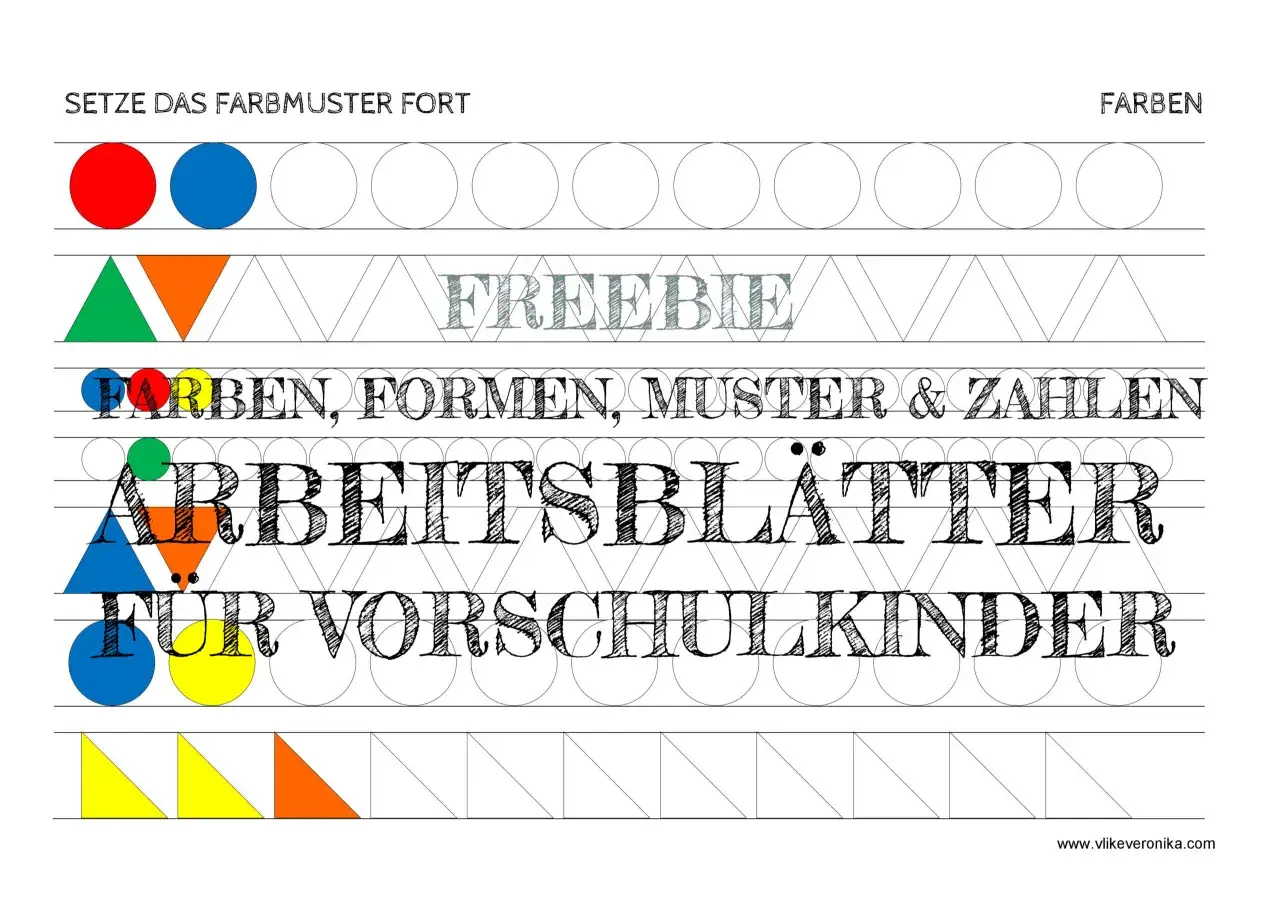 Arbeitsblätter für Vorschulkinder: bunte Formen und Muster zum Fortsetzen. Ideal für Einschulungstest Aufgaben.