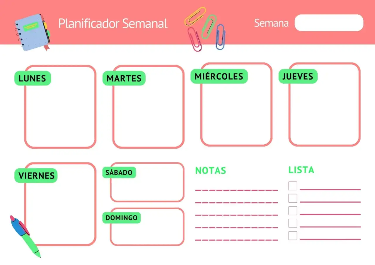 Plantilla calendario semanal con espacios para notas y lista de tareas. Ideal para organizar tu semana.