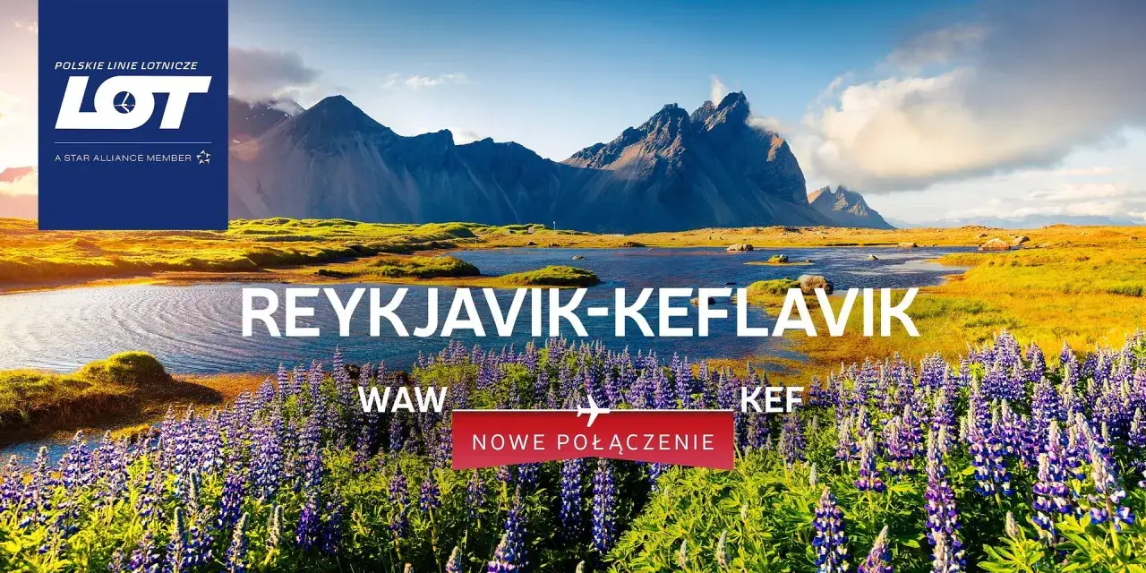 Krajobraz Islandii z górami i polami łubinu. Reklama LOT-u: 