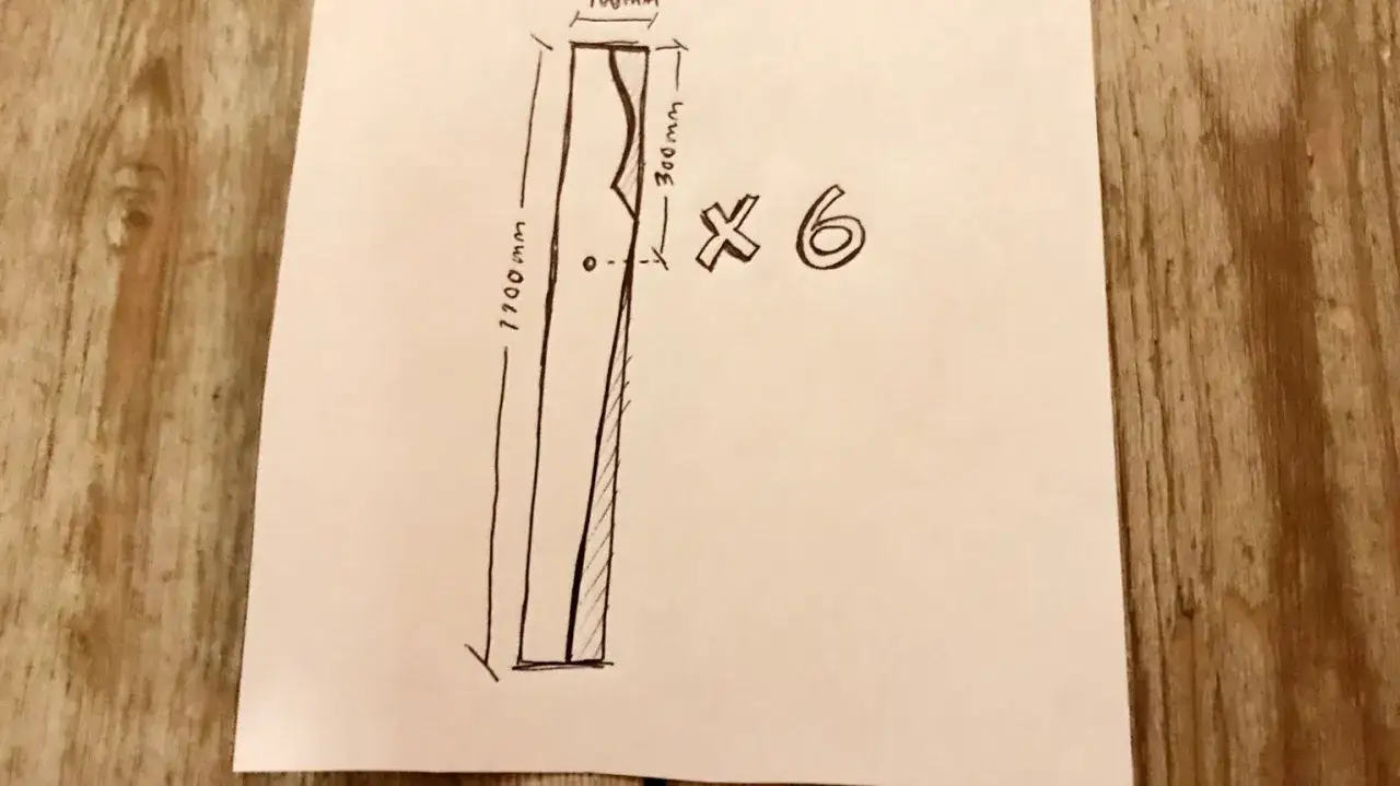 En skiss av en sågbock ritning med mått 1700mm och 300mm, samt en markering för sex stycken.