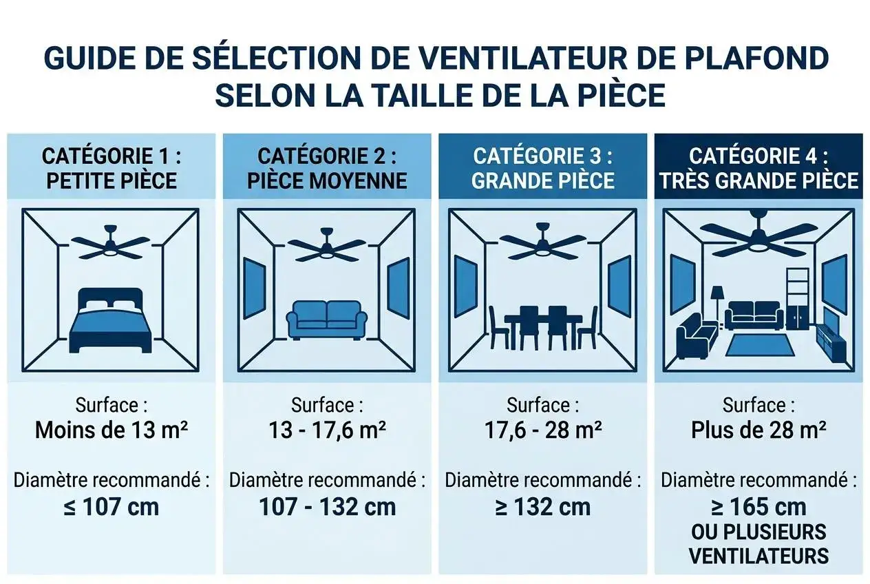 Guide pour comment choisir un ventilateur de plafond : 4 catégories de pièces (petite, moyenne, grande, très grande) avec surfaces et diamètres recommandés.
