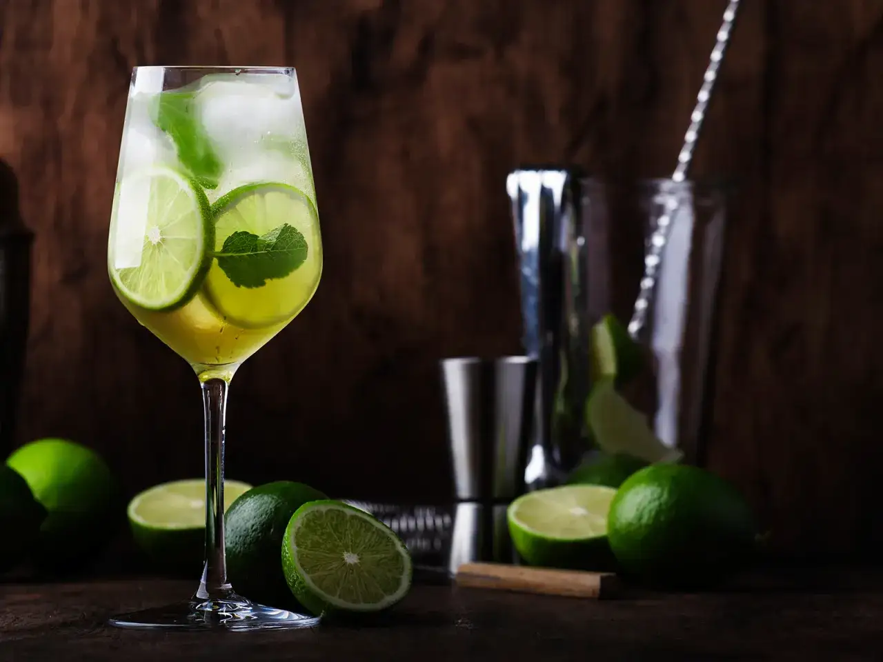Erfrischender Hugo Spritz mit Limettenscheiben und Minze, umgeben von frischen Limetten und Bar-Utensilien.