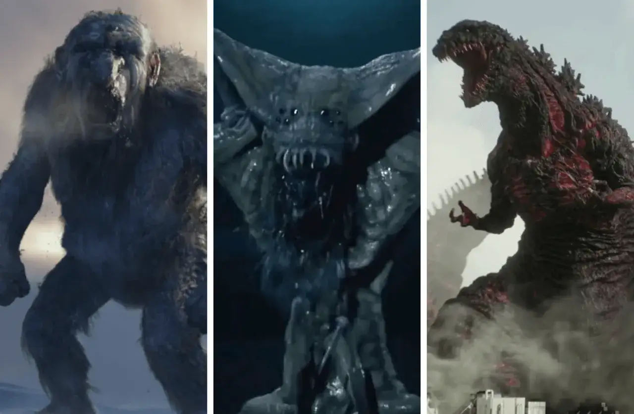 Tre m&auml;ktiga monster fr&aring;n filmv&auml;rlden: en stor, lurvig varelse, en kuslig, spindelliknande figur och den ikoniska Godzilla.