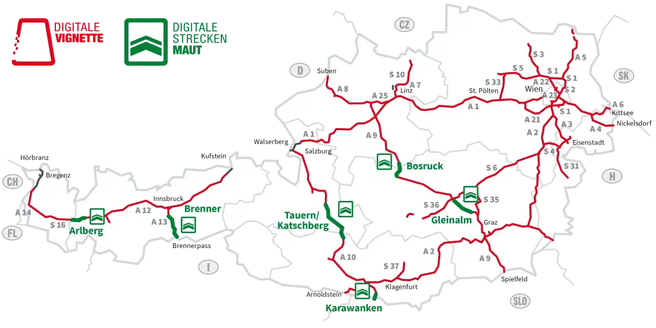 Mapa Austrii z zaznaczonymi autostradami i tunelami. Planujesz podróż w 2025 roku? Winieta Austria 2025 jest niezbędna!