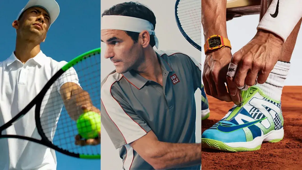 Trzech tenisist&oacute;w w stylowych strojach sportowych. Roger Federer w szarym polo z logo Uniqlo. Kolekcja odzieży tenisowej.