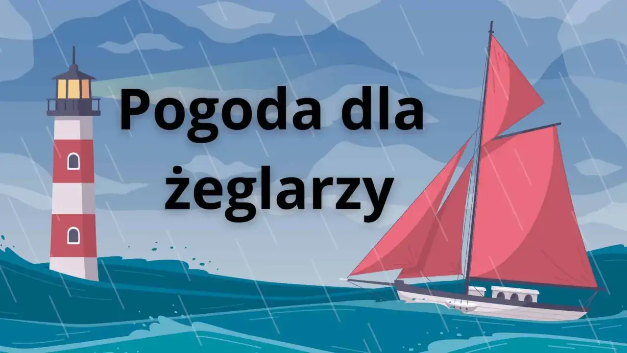 Latarnia morska i czerwony żagiel na wzburzonym morzu. Deszczowa pogoda dla żeglarzy.