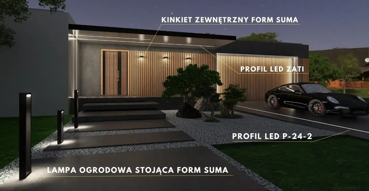 Nowoczesna elewacja z lampami led 230v zewnętrznymi, podkreślającymi wejście i podjazd.