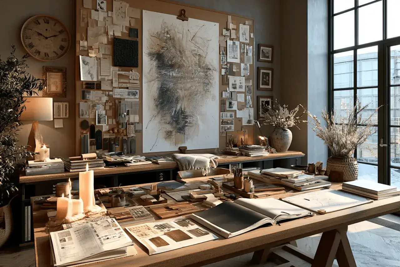 En konstnärs arbetsplats med en stor anslagstavla full av bilder och texter, en tavla med abstrakt konst och ett skrivbord fyllt med böcker och material. Här ser du hur man gör en moodboard.