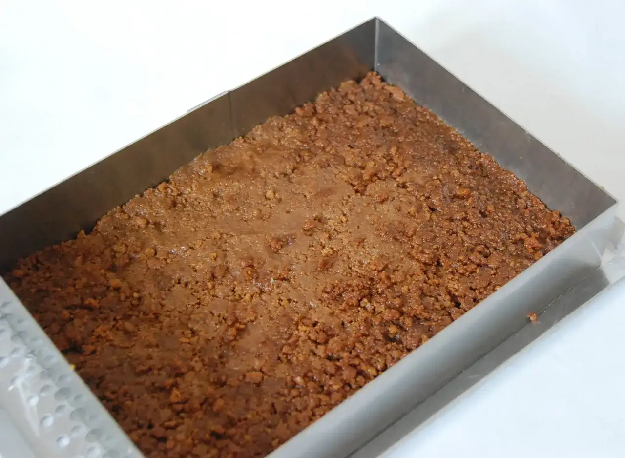 Fond de gâteau croustillant sans cuisson, une base dorée et sablée dans un cadre en inox, prête pour la suite de la recette.
