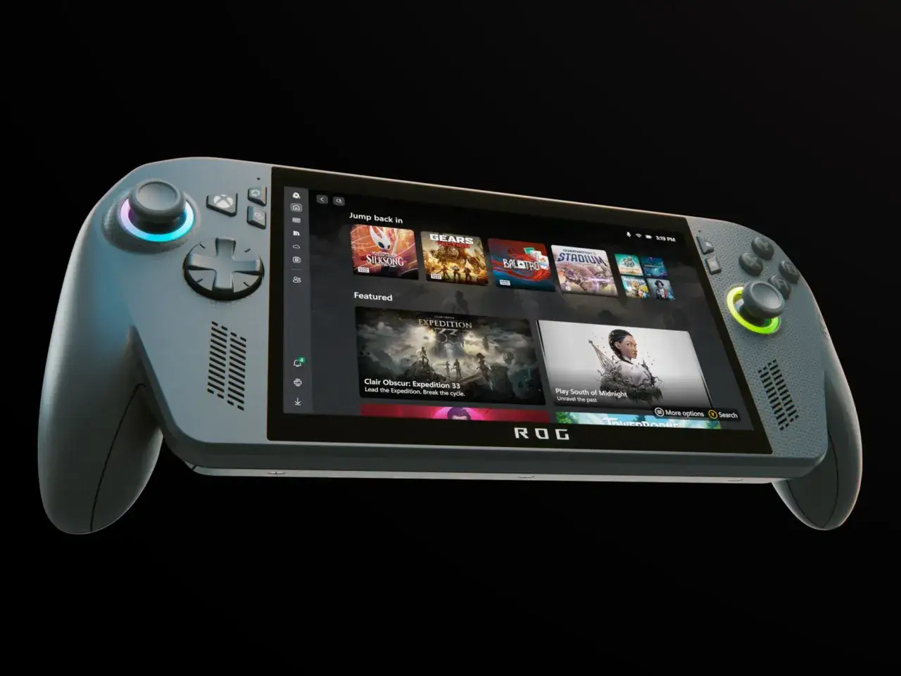Szary handheld gamingowy z kontrolerami, przypominający konsolę Xbox, z ekranem wyświetlającym gry.