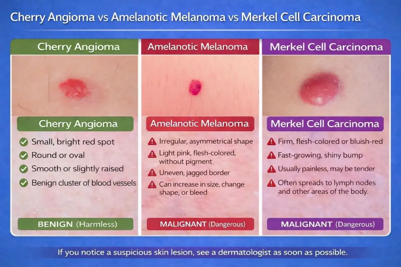Comparación de lesiones cutáneas: un pequeño lunar rojo benigno (angioma cereza) frente a un melanoma amelanótico y un carcinoma de células de Merkel, ambos malignos.