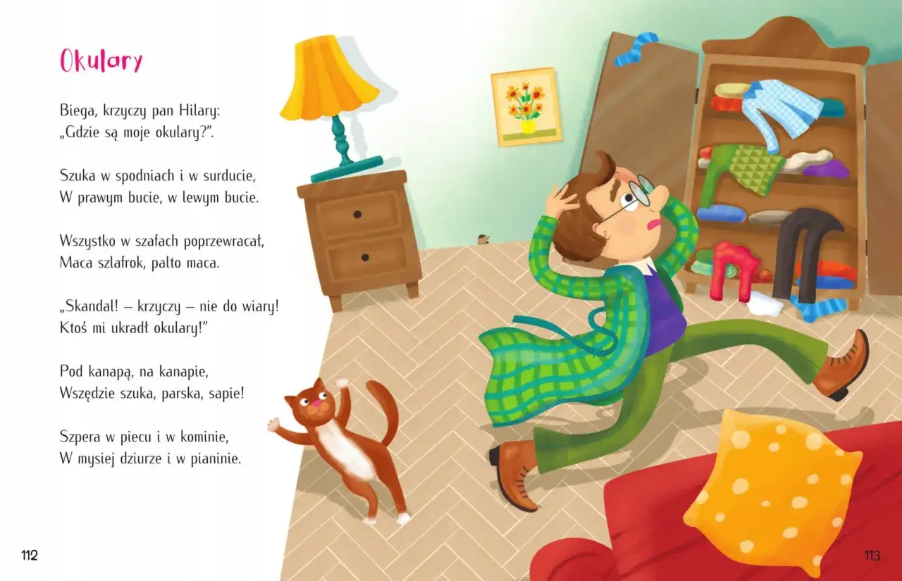 Pan Hilary szuka okularów, przewracając wszystko w szafach. Kot patrzy z zaciekawieniem. Ilustracja do wierszy Juliana Tuwima.