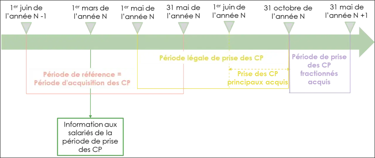 Chronologie des cong&eacute;s pay&eacute;s : p&eacute;riode d'acquisition, p&eacute;riode l&eacute;gale de prise, prise des CP principaux et fractionn&eacute;s. L'employeur informe les salari&eacute;s.