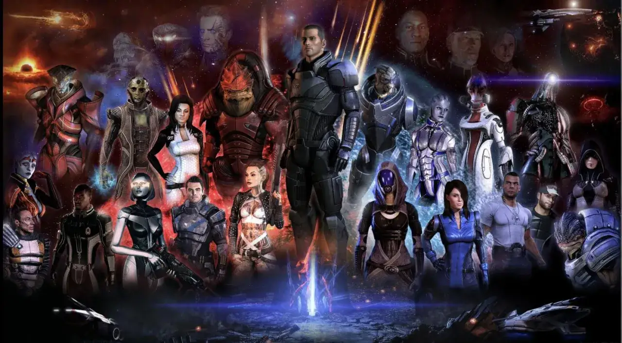 Postacie z Mass Effect 2, w tym Shepard i jego drużyna, gotowi do walki. Ten obraz to świetny dodatek do każdego mass effect 2 poradnik.