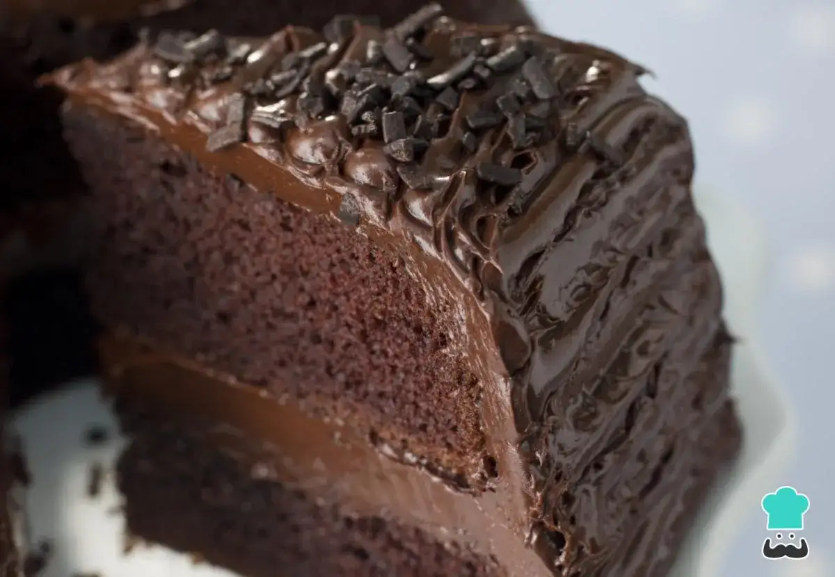 Un trozo de pastel de chocolate esponjoso con glaseado cremoso y chispas de chocolate.