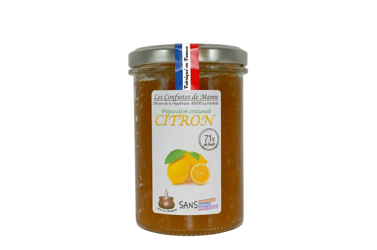 Burk med **citronmarmelad**, tillverkad i Frankrike. 71% frukt, utan tillsatser.