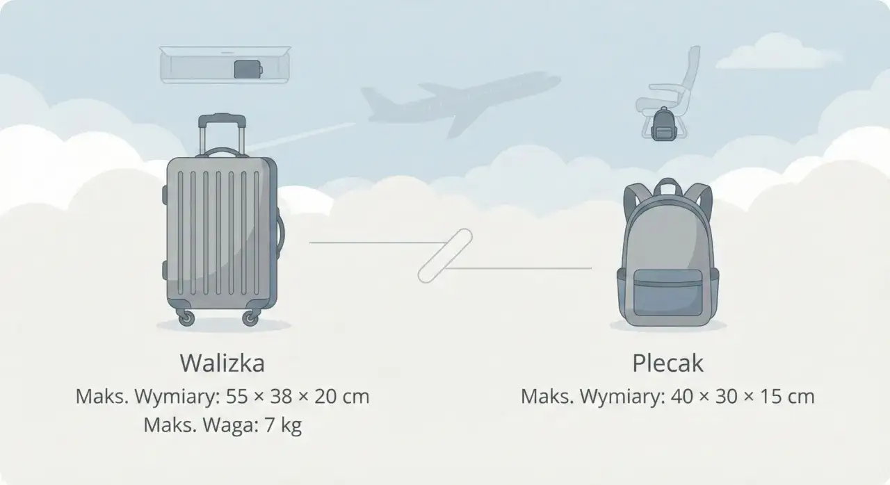 Walizka podręczna waży do 7 kg, plecak ma mniejsze wymiary. W tle samolot i siedzenie.