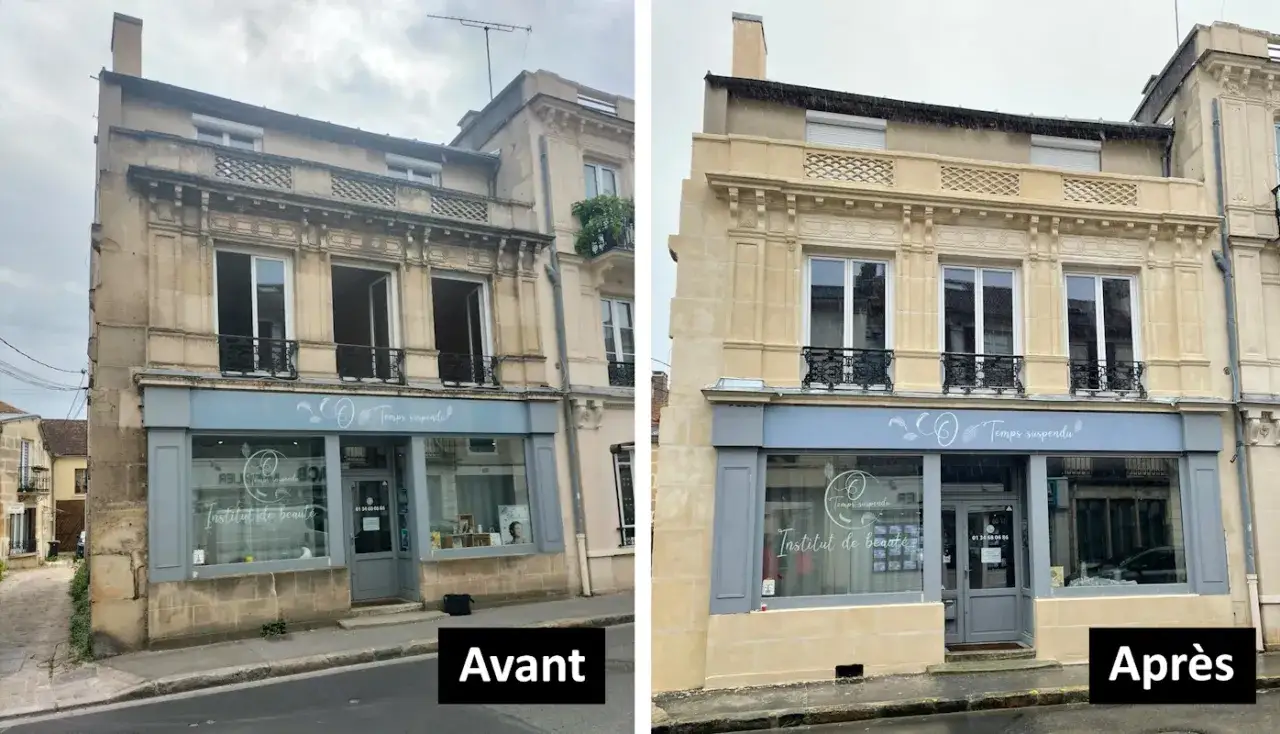 Avant/Apr&egrave;s : un **nettoyage pierre naturelle ext&eacute;rieur** redonne &eacute;clat et jeunesse &agrave; cette fa&ccedil;ade. La pierre est visiblement plus claire et propre.