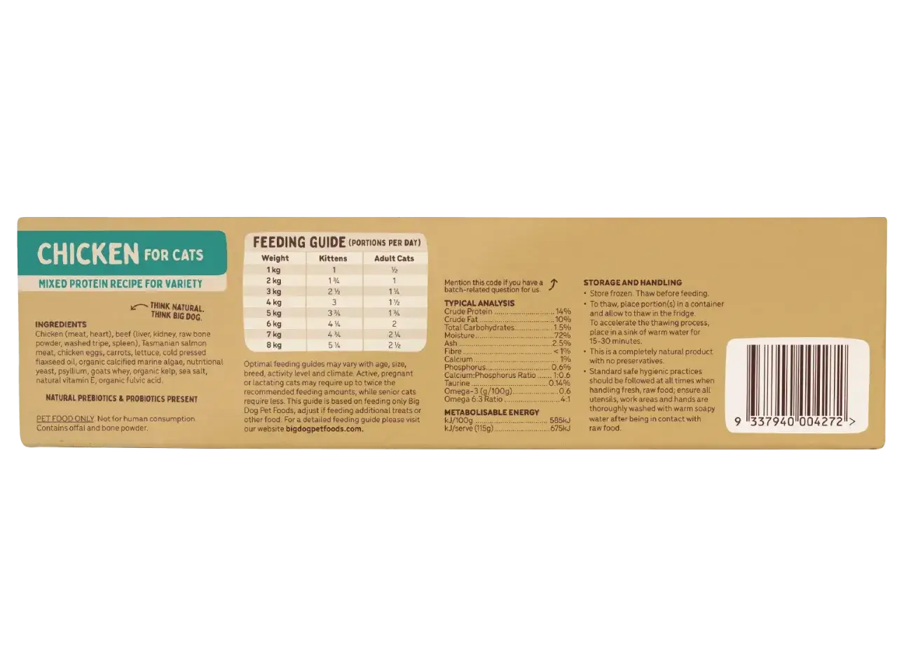 Receta de pollo para gatos, ideal para una dieta BARF. Ingredientes naturales y análisis nutricional detallado.