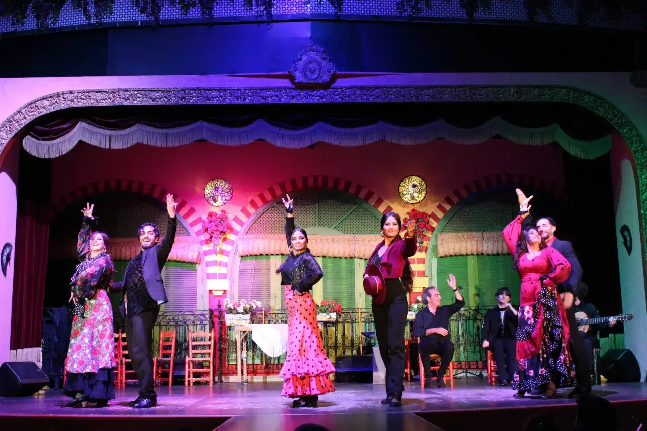 Artistas de flamenco bailan con pasi&oacute;n. Sus trajes vibrantes, como caracoles palo flamenco, llenan el escenario de color y movimiento.