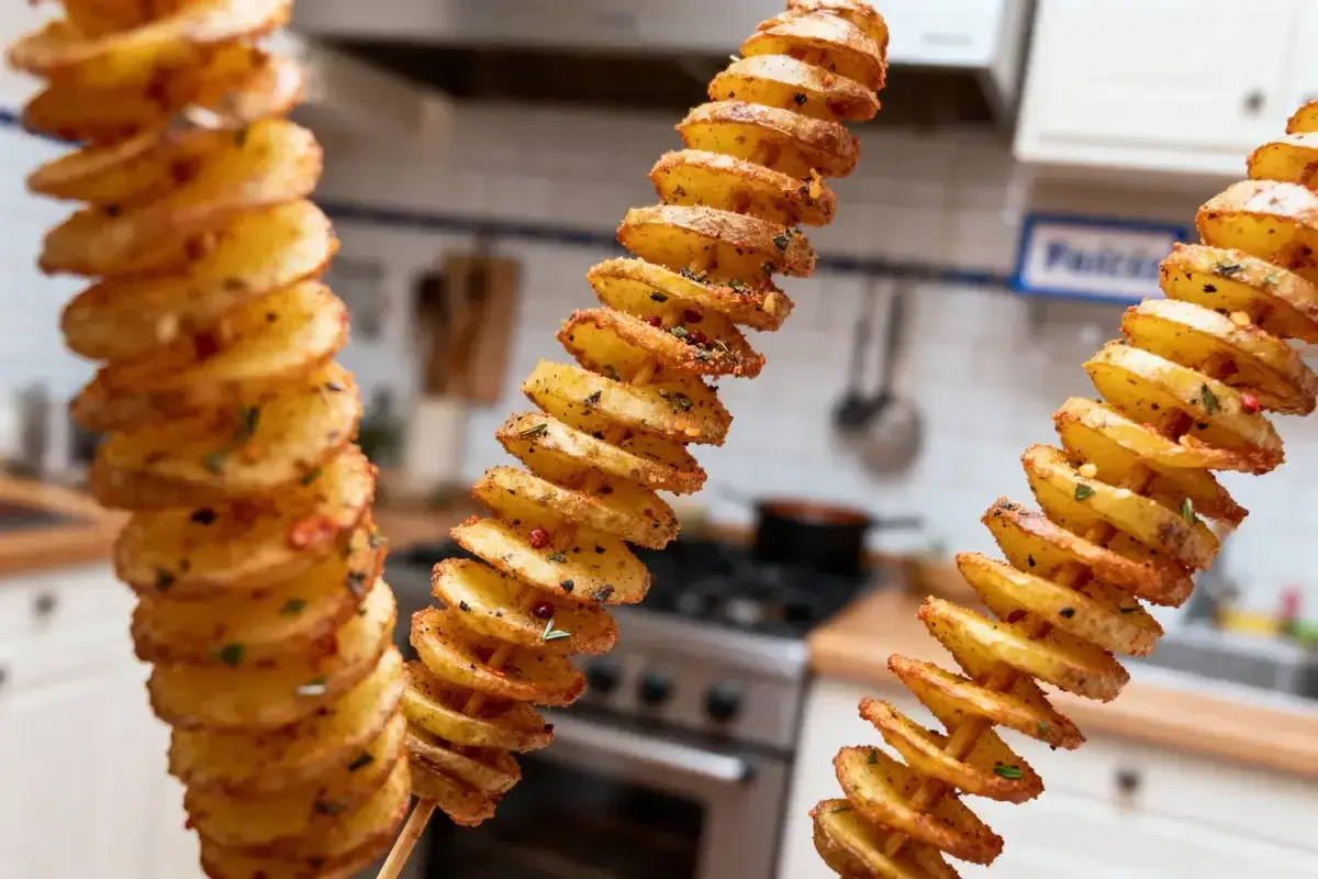 Trois brochettes de pomme de terre au four, coup&eacute;es en spirale et assaisonn&eacute;es, se dressent devant une cuisine floue.