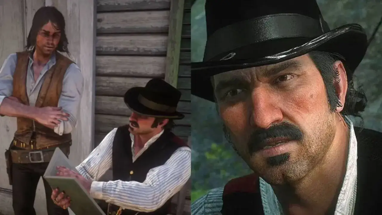 Dwóch mężczyzn w strojach z Dzikiego Zachodu. Na pierwszym planie zbliżenie na twarz Dutch van der Linde, na drugim planie John Marston.