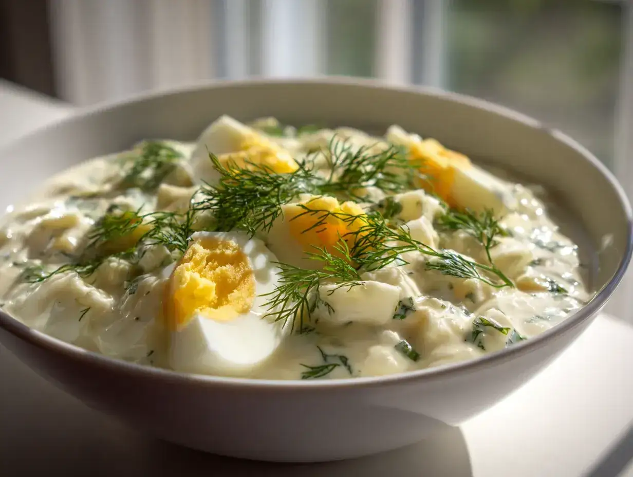 En skål med krämig skolans fisksås, toppad med dill och äggklyftor. En klassiker som smakar sommar.