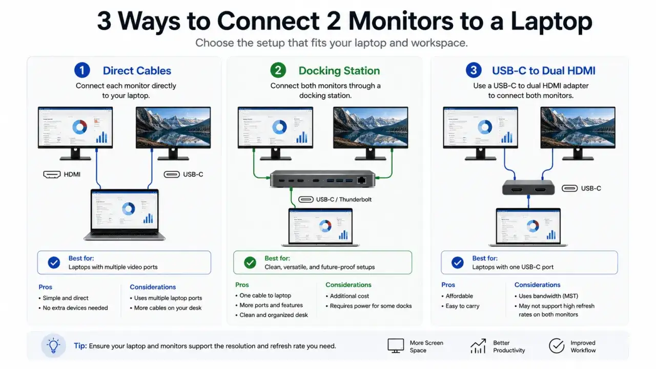 Trois méthodes pour connecter deux écrans à un PC portable : câbles directs, station d'accueil ou adaptateur USB-C vers HDMI. Idéal pour utiliser un PC portable comme écran.